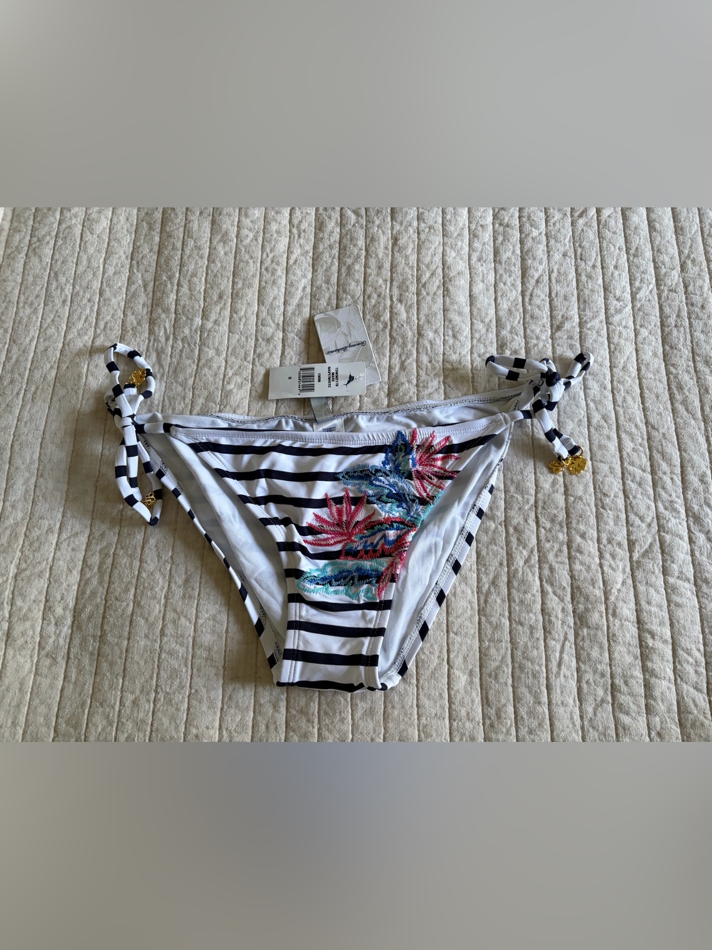 Tommy Bahama Women’s Black & White Striped Bikini Bottom with Floral Embroidery